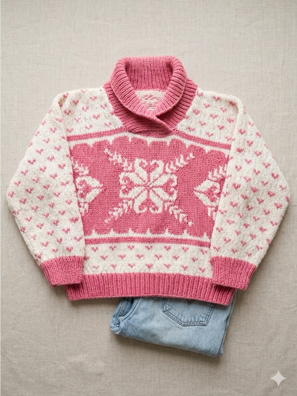 Hand Knit Pink Cream Sweater Heart Motifs Fair Isle Shawl Collar Cottagecore